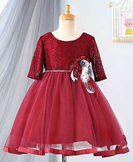 Anna Maria Full Sleeves Floral Lace Work Dress - Maroon
