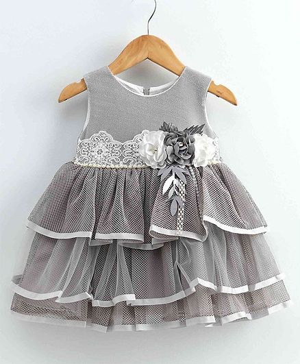 Anna Maria Sleeveless Floral Embellished Layered Dress - Grey
