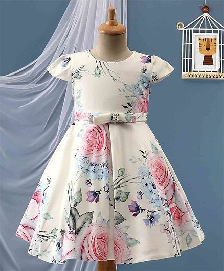 Anna Maria Short Sleeves Floral Print Dress - Cream & Pink