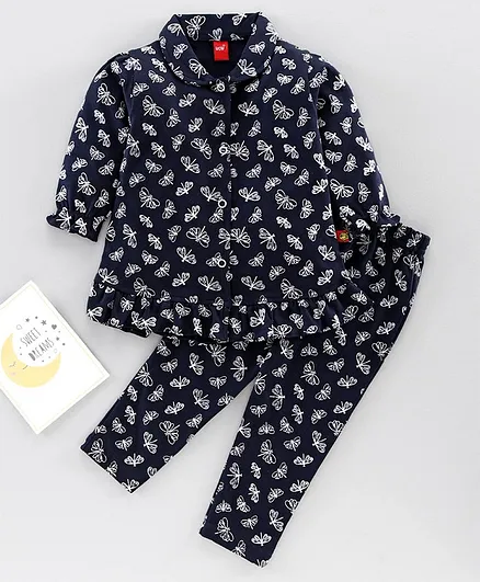 Wow Full Sleeves Night Suit Dragon Fly Print - Navy Blue
