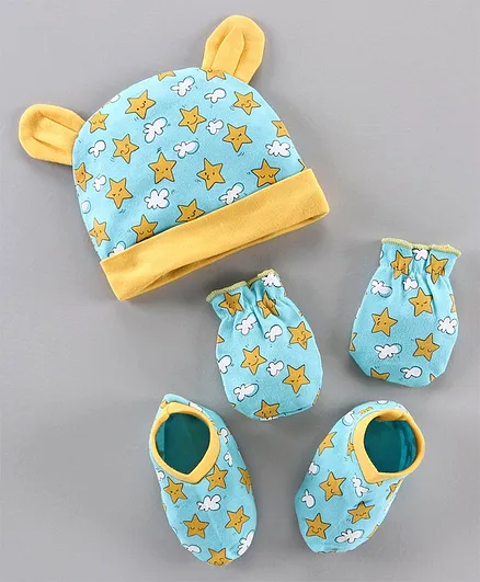 Babyhug Cap & Mittens With Booties Star Print Blue - Diameter 10.5 cm