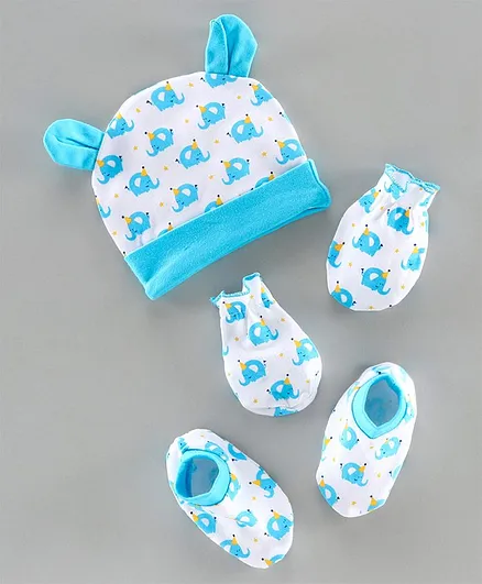 Babyhug 100% Cotton Cap Mitten & Bootie set Blue - Diameter 11 cm