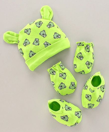 Babyhug 100% Cotton Striped Cap Mittens and Booties Set Green - Diameter