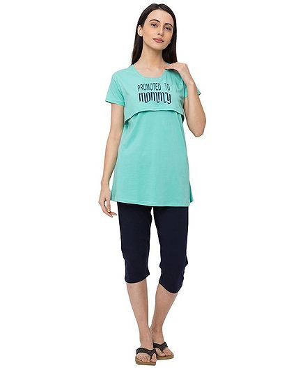 MomToBe Half Sleeves Promoted to Mommy Printed Maternity Night Suit - Light Blue
