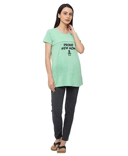 MomToBe Half Sleeves Proud Mommy Printed Night Suit - Green