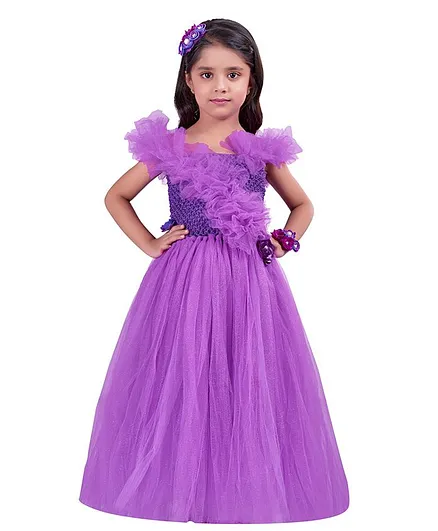 Pink Chick Flower Applique Sleeveless Ruffled Gown - Purple