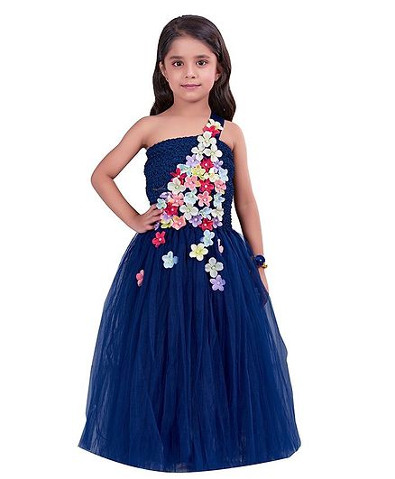 Pink Chick Sleeveless One Shoulder Flower Gown - Navy Blue