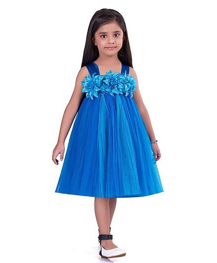 Pink Chick Flowers Embellished Sleeveless Dress - Blue