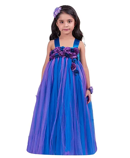Pink Chick Sleeveless Flower Embellished Yoke Flared Gown - Blue