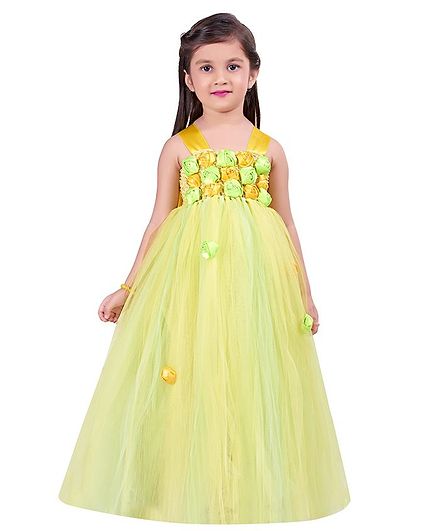 Pink Chick Sleeveless Flower Work Flared Gown - Yellow