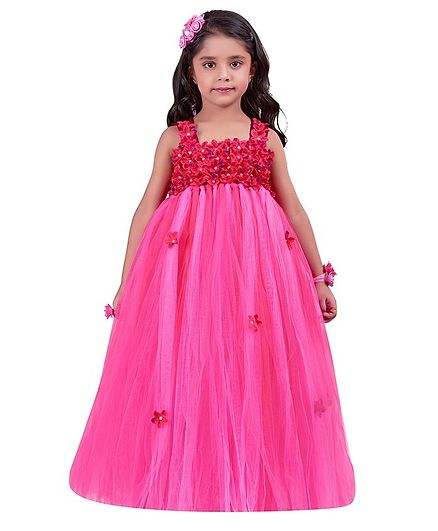 Pink Chick Sleeveless Flower Embellished Yoke Gown - Pink