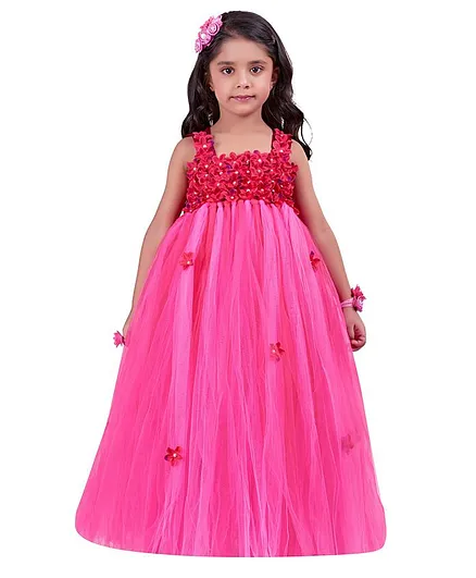 Pink Chick Sleeveless Flower Embellished Yoke Gown - Pink
