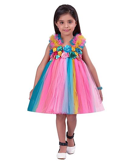 Pink Chick Sleeveless Floral Cluster Embellished Dress - Multi Color