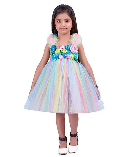 Pink Chick Sleeveless Ruffled Flower Detailed Dress - Multi Color