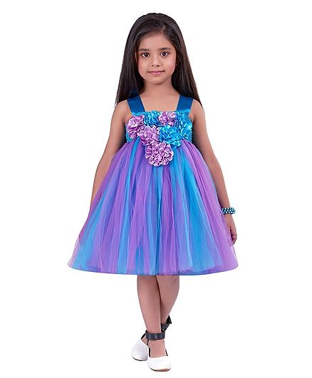 Pink Chick Sleeveless Floral Cluster Embellished Dress - Blue