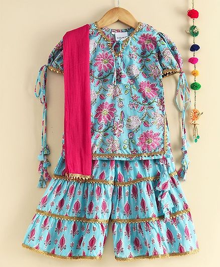 Kidcetra Short Sleeves Floral Print Kurti With Layered Sharara & Dupatta Set - Blue
