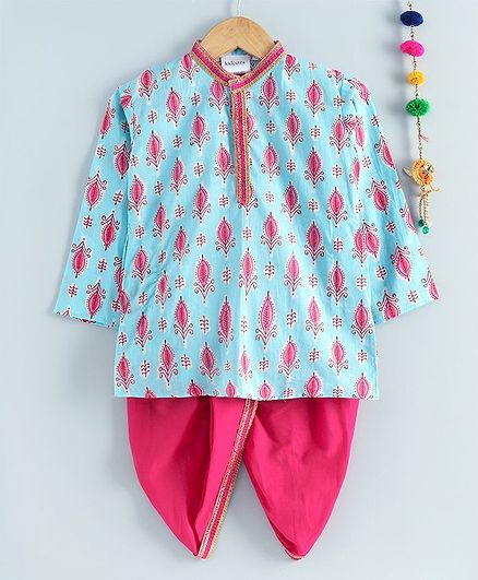 Kidcetra Full Sleeves Motif Print Kurta With Dhoti - Blue