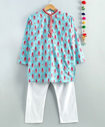 Kidcetra Full Sleeves Motif Print Kurta With Pajama - Blue
