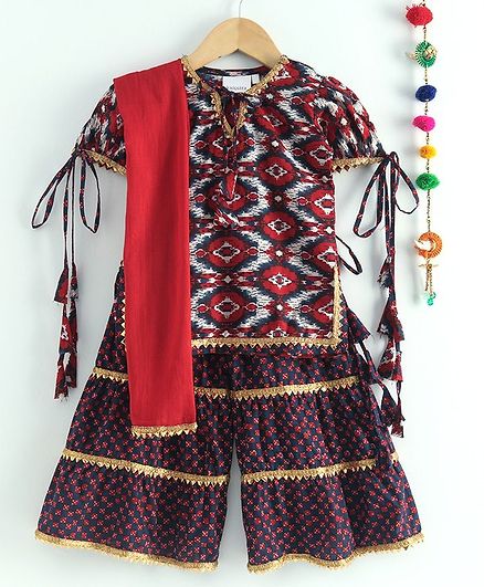 Kidcetra Short Sleeves Ikat Pattern Kurti With Layered Sharara & Dupatta - Red