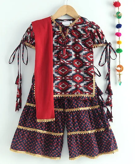 Kidcetra Short Sleeves Ikat Pattern Kurti With Layered Sharara & Dupatta - Red