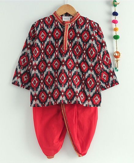 Kidcetra Full Sleeves Ikat Kurta With Dhoti - Black Red