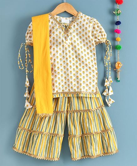 Kidcetra Short Sleeves Flower Print Kurti With Layered Sharara & Dupatta - Yellow