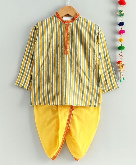 Kidcetra Full Sleeves Striped Kurta With Dhoti - Yellow