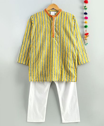 Kidcetra Full Sleeves Striped Kurta With Pajama - Yellow