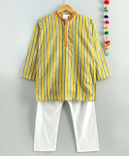 Kidcetra Full Sleeves Striped Kurta With Pajama - Yellow
