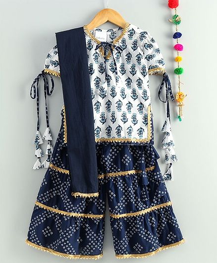 Kidcetra Short Sleeves Motif Print Kurti With Flared Sharara & Dupatta - Blue