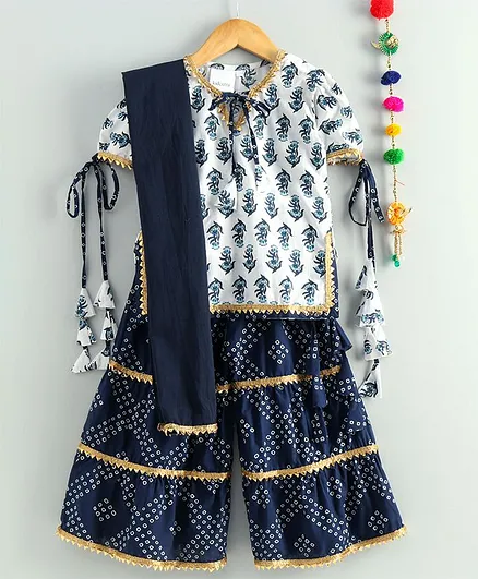 Kidcetra Short Sleeves Motif Print Kurti With Flared Sharara & Dupatta - Blue
