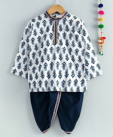 Kidcetra Full Sleeves Floral Motif Print Kurta With Dhoti - White Blue
