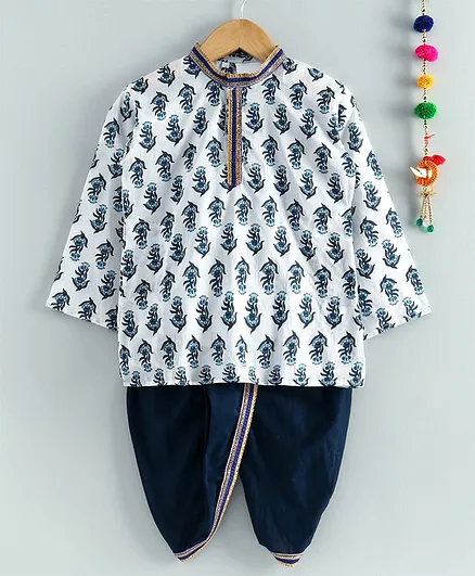 Kidcetra Full Sleeves Floral Motif Print Kurta With Dhoti - White Blue
