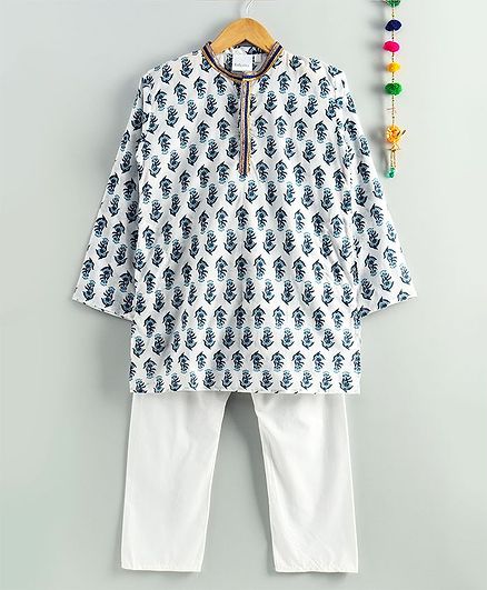 Kidcetra Full Sleeves Flower Print Kurta With Pajama - White