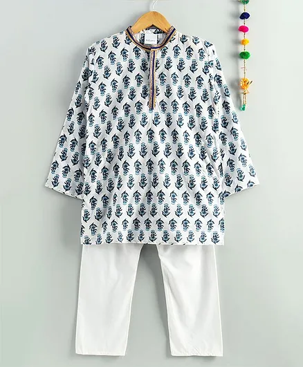 Kidcetra Full Sleeves Flower Print Kurta With Pajama - White