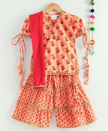 Kidcetra Short Sleeves Flower Print Kurti With Sharara & Dupatta - Peach