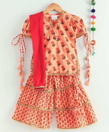 Kidcetra Short Sleeves Flower Print Kurti With Sharara & Dupatta - Peach