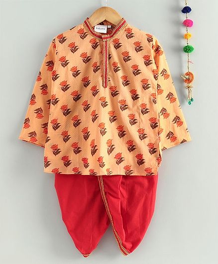 Kidcetra Full Sleeves Flower Print Kurta With Dhoti - Peach
