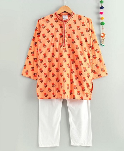 Kidcetra Full Sleeves Flower Print Kurta With Pajama - Peach