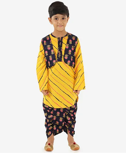 KID1 Full Sleeves Leheriya Kurta With Attached Jacket & Dhoti - Navy Blue & Yellow