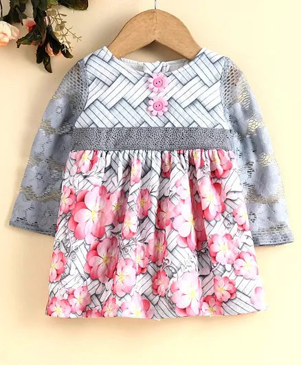 Yellow Duck Full Sleeves Flower Printed Dress - Grey