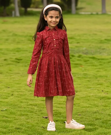 Fairies Forever Cat Print Full Sleeves Dress - Red