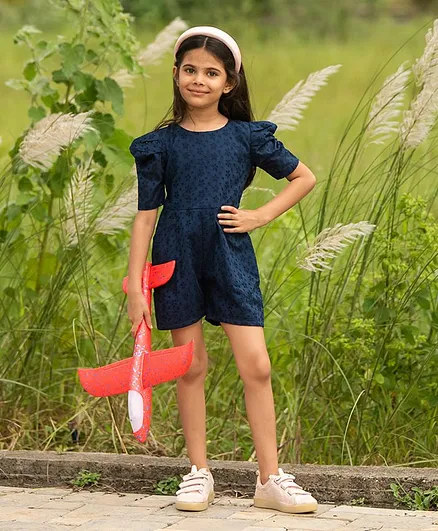 Fairies Forever Puffed Sleeves Eye Let Short Jumpsuit - Navy