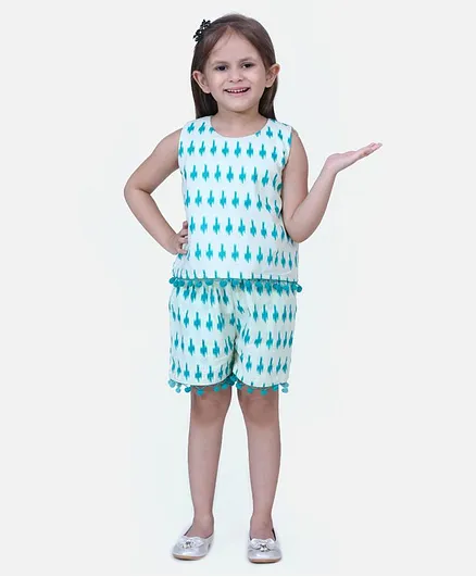 Fairies Forever Sleeveless Ikkat Print Jumpsuit - White & Green