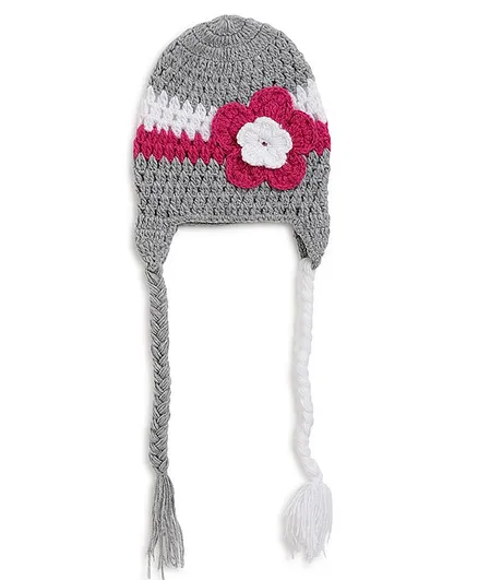 MayRa Knits Hand Knitted Flower Applique Crochet Cap - Grey