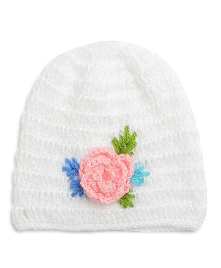 MayRa Knits Hand Knitted Flower Applique Crochet Cap - White