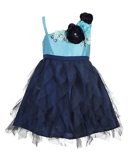 A Little Fable Sleeveless Flower Embellished Ruffled Dress - Navy Blue