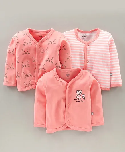 Tinyo 100%Cotton Full Sleeves Vests Kitty Print Pack of 3 - Peach