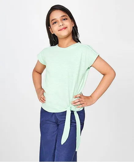 Global Desi Girl Solid Short Sleeves Knot Style Top - Blue