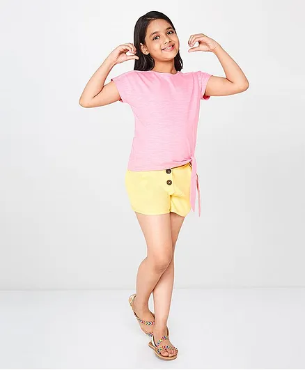 Global Desi Girl Solid Short Sleeves Knot Style Top - Peach